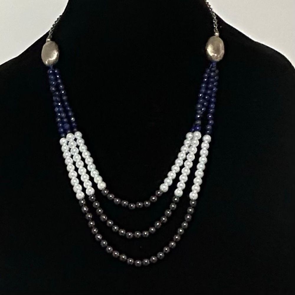 Vintage 3 Strand Necklace Hematite Faux Pearl & Lapis Silver Tone 18” Elegant